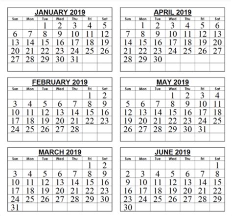 6 Month Calendar Printable